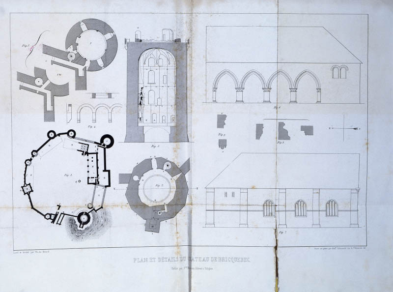 Plans, élévations et coupe.- Gravure et dessin de Théodore Dumoncel, gravure. A. Zakrezwski, tiré de : Album Archéologique de la Manche, 1843.