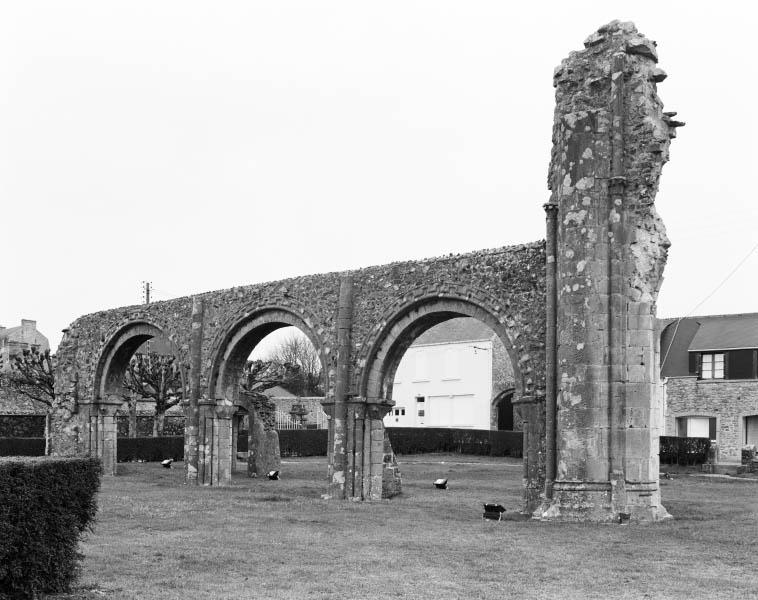 Vue des ruines de la nef, élévation intérieure, mur nord.