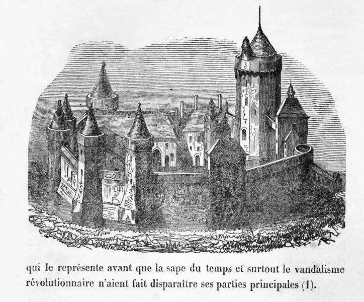 Vue cavalière, côté nord.- Gravure, de Théodore Dumoncel, tirée de : Revue Archéologique du Département de la Manche, 1ère année, 1843.