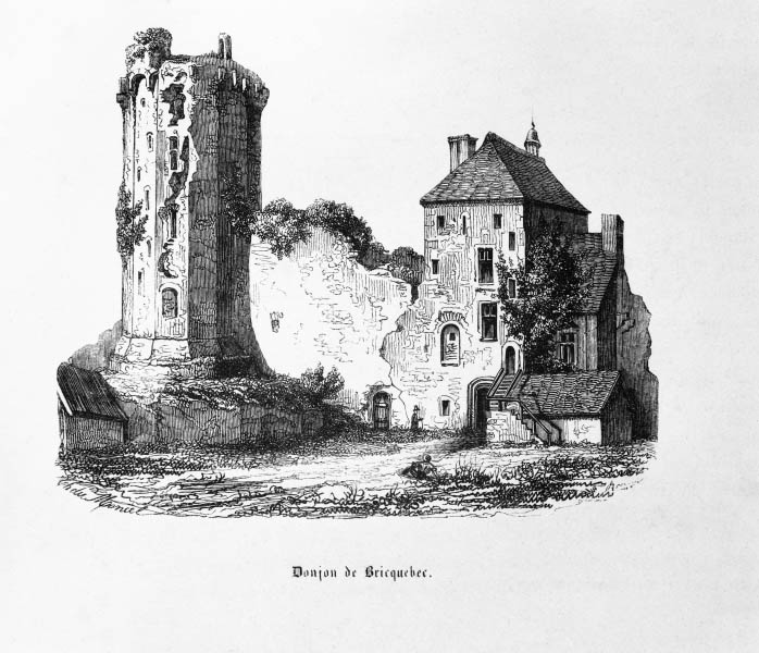 Le donjon et la tour porte.- Gravure, de Théodore Dumoncel, tirée de : Revue Archéologique du Département de la Manche, 1ère année, 1843.