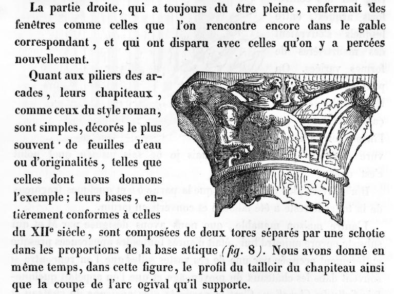 Détail d'un chapiteau des arcades de la grande salle.- Gravure, Théodore Dumoncel, tiré de : Revue Archéologique du Département de la Manche, 1ère année, 1893