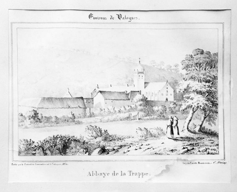 Abbaye de la Trappe.- Lithographie, 1840, tiré de : Journal de l'arrondissement de Valognes, 1840.