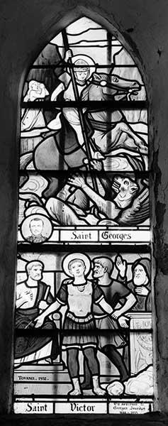 Ensemble de 6 verrières figurées : Saint Georges et saint Victor, Saint Louis, Vie de Jésus, Saint Alphonse de Ligori, Sainte Honorine, Sainte Marthe et sainte Marie-Madeleine