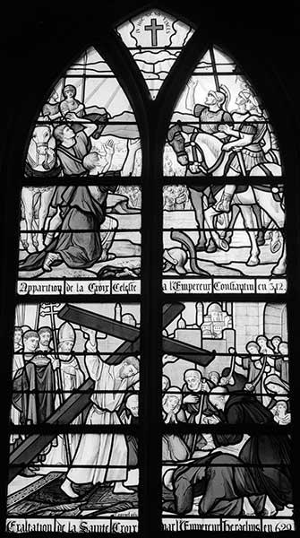 Ensemble de 3 verrières figurées : Vie de Jésus et de saint Joseph, Conversion de Constantin et exaltation de la Croix, Apparitions de Notre-Dame