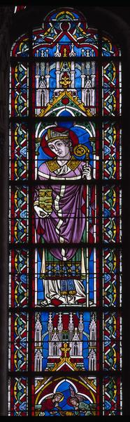 Détail de la baie 118. Détail, 4e lancette : saint Patrice.
