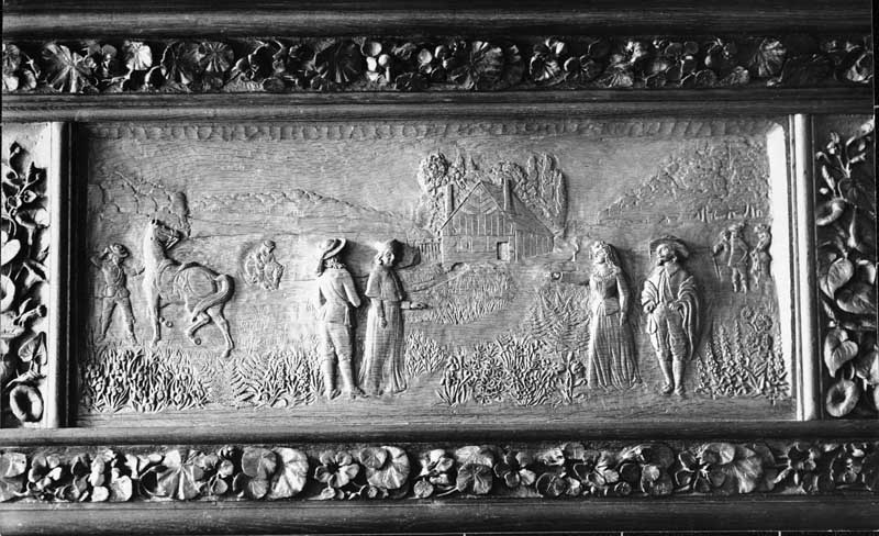 Altercation entre voisins, décor de cheminée du manoir de Boisthorel à Rai.- Photographie ancienne, fin 19e siècle. (Collection particulière Mouchel).