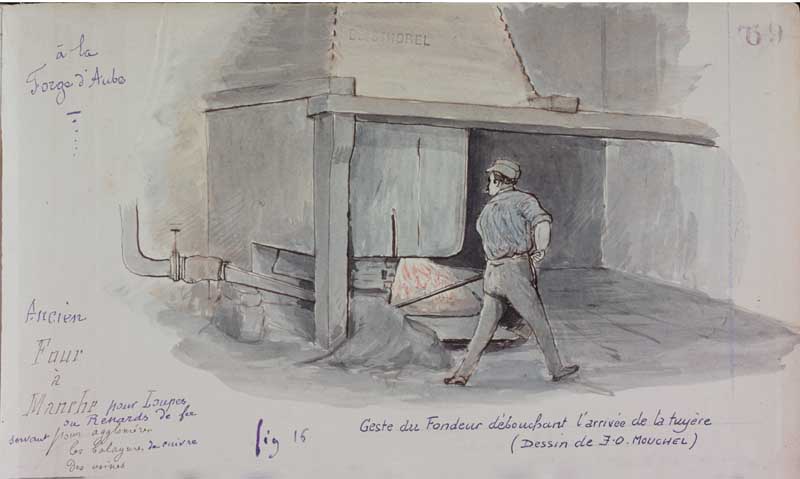 Geste du fondeur débouchant l'arrivée de la tuyère.- Dessin, de Jules-Oliver Mouchel, 1890. (Collection particulière Mouchel. 65J160).