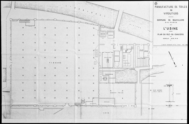 Manufacture de toiles de Vimoutiers. Communes de Beuvilliers, Calvados. L'usine. Plan de l'étage.