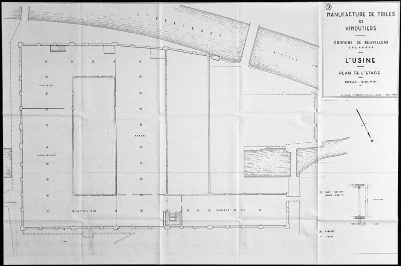 Manufacture de toiles de Vimoutiers. Communes de Beuvilliers, Calvados. L'usine. Plan du rez-de-chaussée.