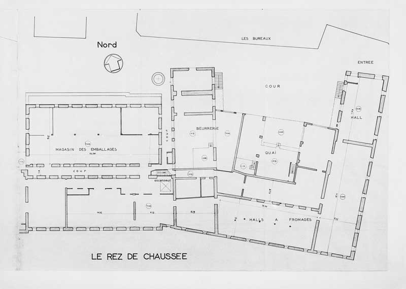 Fromagerie J. Lepetit. Usine de Bretteville-sur-Dives. Plans partiels des bâtiments sur 1er étage et rez-de-chaussée. Détail : rez-de-chaussée.- Plan, octobre 1960. (AD Calvados. F 447).