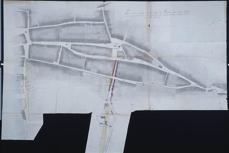 'Plan d'une partie de la ville de Falaise avec deux projets pour une nouvelle rue à ouvrir depuis le marché jusqu'au faubourg de Guibray passant par la porte Marescot'.