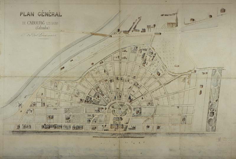 Plan général de Cabourg-les-Bains (Calvados), 1856.- Plan, Paul Leroux (architecte). (AD Calvados. Cat. 63).