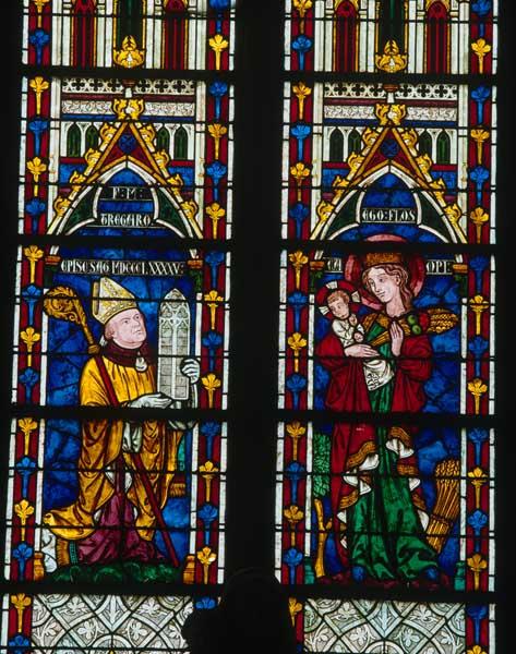 Détail des trois lancettes de la baie 0, registres 4, 5 et 6 : Mgr Tregaro et la Vierge à l'Enfant.