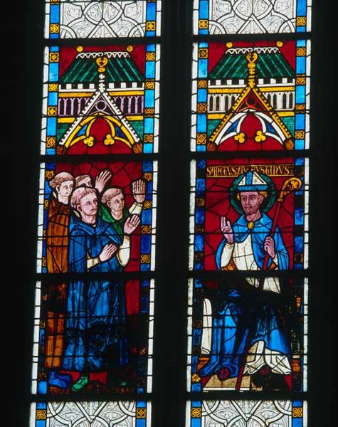 Détail des deux lancettes la baie 12, registres 4, 5 et 6 : saint Augustin remettant sa règle.