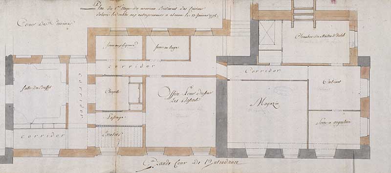 Plan du 1er étage du nouveau bâtiment des cuisines (aile de service).- Plan, L.A. de Cessart, délivré le double aux entrepreneurs, 13 janvier 1775.