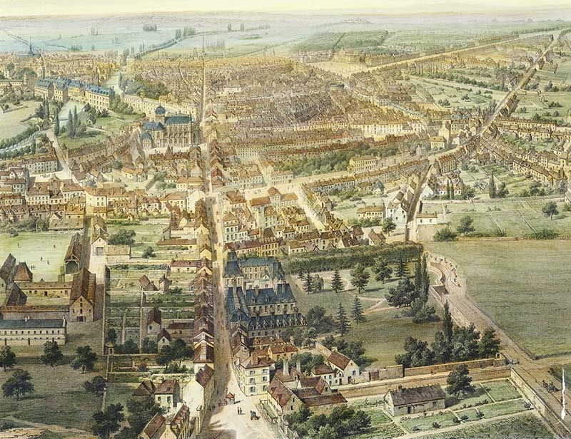 Vue cavalière d'Alençon au milieu du 19e siècle (détail).- Panche 18. Lithographie de L.A. Asselineau