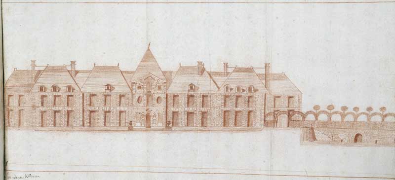 Elévation nord de l'hotel de Fromont, projet d'extension.- Dessin, sanguine, vers 1775. (AD Orne).
