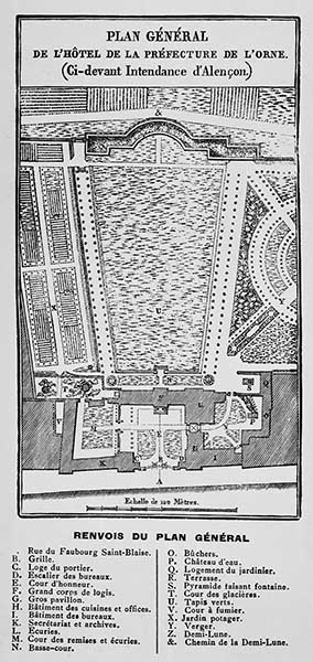 Plan général de l'hôtel de la Préfecture de l'Orne (ci-devant Intendance d'Alençon).- Gravure, début 19e siècle. (AD Orne).