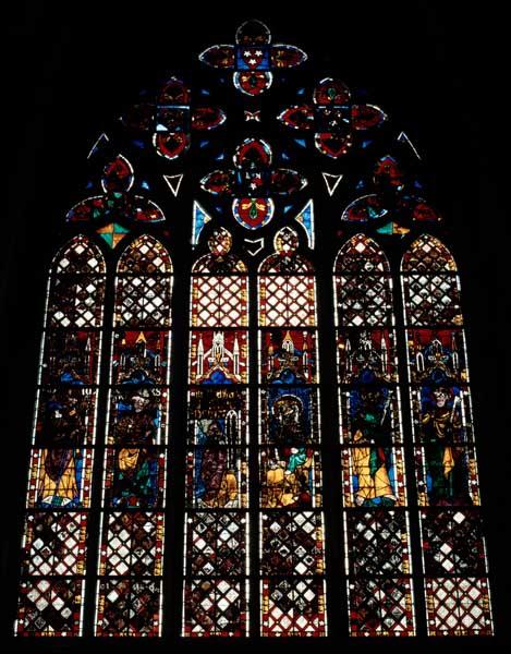 Vue d'ensemble de la baie 208 : saint Nicolas, saint Ursin, Guy de Merle, Vierge à l'Enfant, saint Paul et saint Pierre.