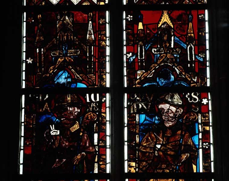 Détail de la baie 208, lancettes 1 et 2, registres 4 et 5 : saint Nicolas et saint Ursin.