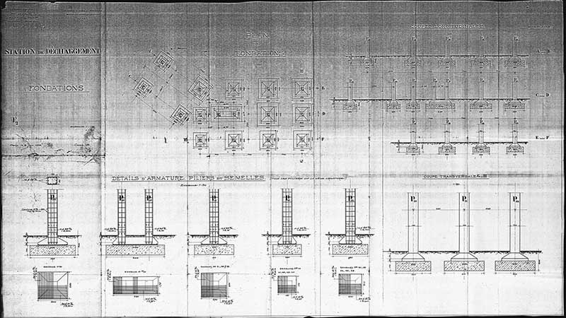 Mines et forges de Normandie. Exploitation de Gouvix. Station de déchargement. Fondations.- Plan et coupes, 1/100e et 1/50e, Société Usinor (57290 Séremange), 23 octobre 1919. (Collection particulière Société Usinor).