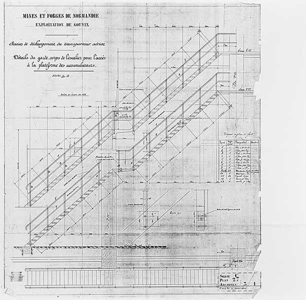 Mines et forges de Normandie. Exploitation de Gouvix. Station de déchargement du transporteur aérien. Détail du garde-corps de l'escalier pour l'accès à la plateforme des accumulateurs.- Plan, 1/20e, Société Usinor (57290 Séremange), 14 janvier 1920. (Collection particulière Société Usinor).