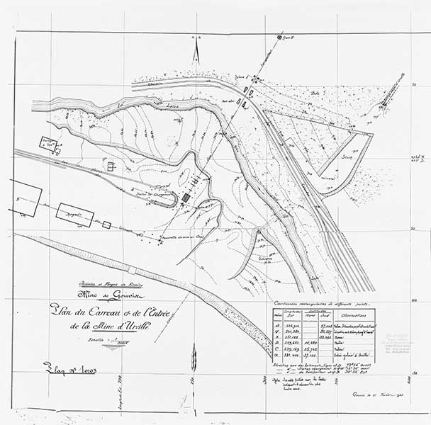 Aciéries et forges de Firminy. Mine de Gouvix. Plan du carreau et de l'entrée de la mine d'Urville.- Plan, 1/500e, Société Usinor (57290 Séremange), 21 février 1923. (Collection particulière Société Usinor).