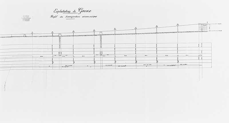 Exploitation de Gouvix. Profil du transporteur aérien.- Coupe, 1/1000e, Société Usinor (57290 Séremange), s.d. (Collection particulière Société Usinor).