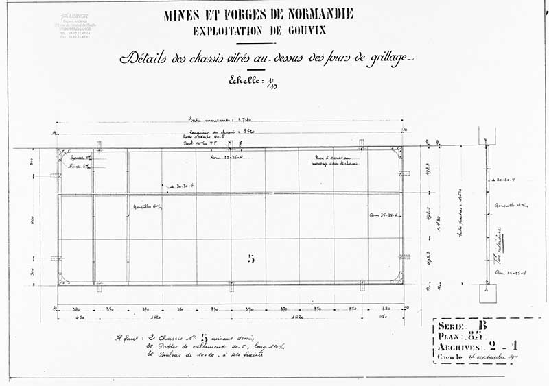 Mines et forges de Normandie. Exploitation de Gouvix. Détail des chassis vitrés au-dessus des fours de grillage.- Plan, 1/10e, Société Usinor (57290 Séremange), 4 septembre 1919. (Collection particulière Société Usinor).