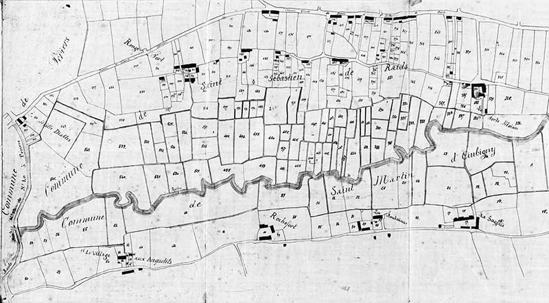 Plan parcellaire le long de la Taute établi le 15 mars 1881 pour le syndicat de curage des communes de Marchésieux, Raids, Saint-Sébastien-de-Raids, Saint-Martin-d'Aubigny. Détail.- Plan cadastral. (Mairie de Marchésieux).