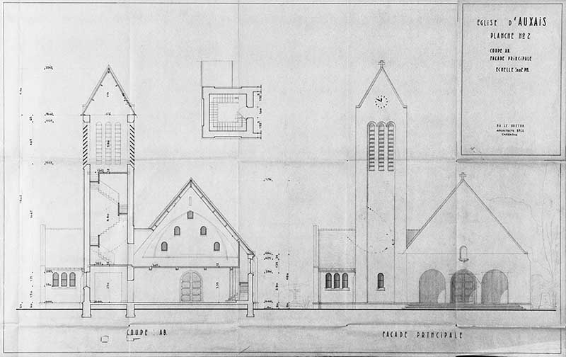 Eglise d'Auxais, planche n°2, coupe AB, façade principale.- Coupe, élévation, Lebreton P.-A., 1958.