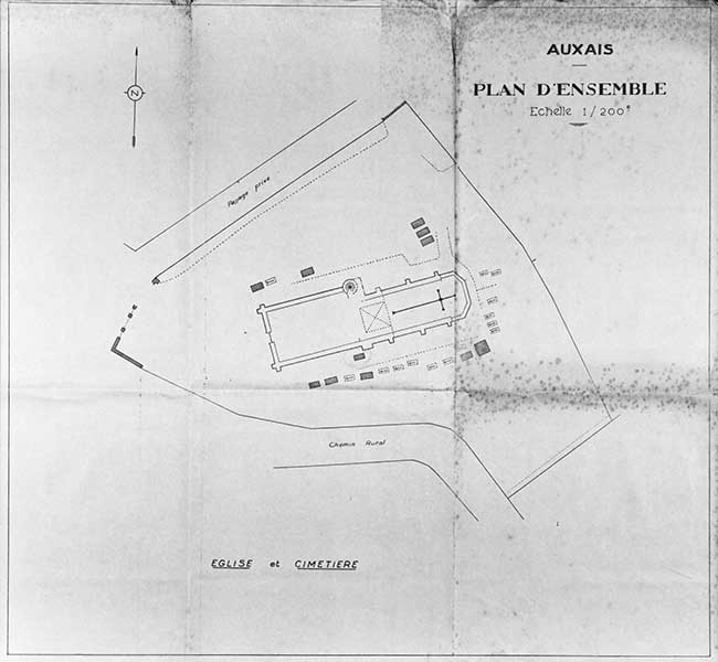 Auxais, plan d'ensemble, église et cimetière.- Plan, Lebreton P.-A., 1956.