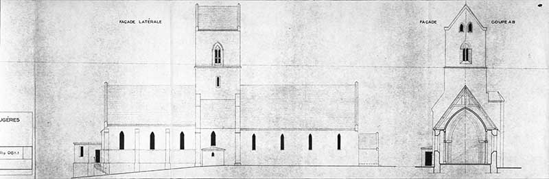 Eglise de Feugères, coupes.- Coupe, échelle 1/100, 1946.