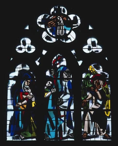 Ensemble de 6 verrières hagiographiques : Crucifixion de saint Pierre, Décollation de saint Paul, Suzanne conduite devant Daniel, Daniel dans la fosse aux lions nourri par Habaquq, Daniel voyant en songe le combat du bélier et du bouc, Fuite de Lot, Job déchu, Le retour de la colombe vers l'arche de Noé