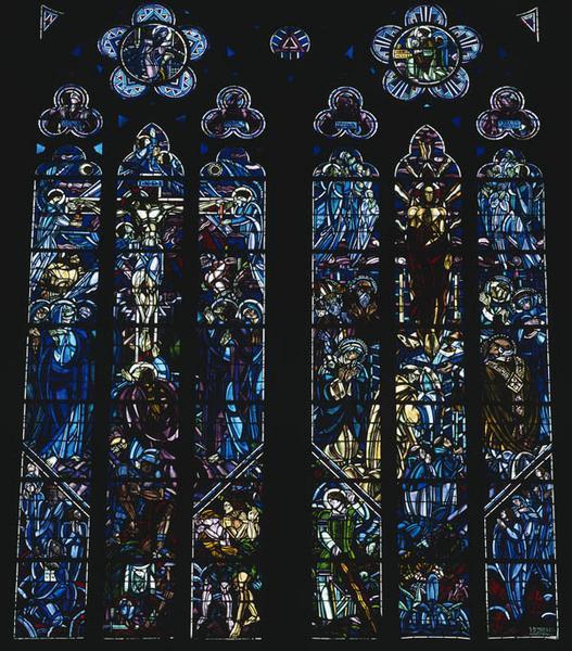 Détail des six lancettes de la baie 215 : Crucifixion, Messe de saint Grégoire le Grand et Adam et Eve chassés du Paradis terrestre.