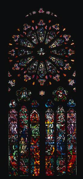 Ensemble de 2 verrières hagiographiques : Crucifixion, Messe de saint Grégoire le Grand, Adam et Eve chassés du Paradis terrestre, Annonciation, la Femme de l'Apocalypse, saint Michel terrassant le dragon, les quatre Cavaliers de l'Apocalypse, les Vieillards de l'Apocalypse, la Vierge, le Christ