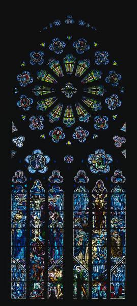 Vue d'ensemble de la baie 215 : Crucifixion, la Messe de saint Grégoire le Grand, Adam et Eve chassés du Paradis terrestre, Annonciation et les douze apôtres.