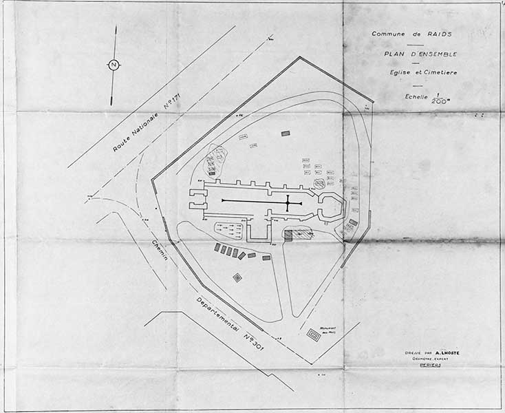 Commune de Raids. Plan d'ensemble. Eglise et cimetière.- Plan, A. Lhoste (géomètre), 1/200e, s.d., milieu 20e siècle.