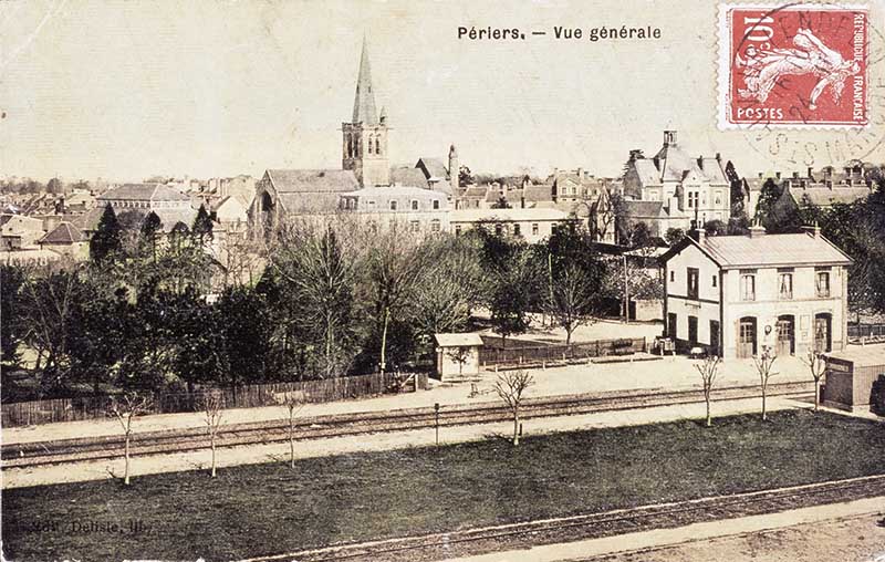Périers - Vue générale.- Carte postale, Hue, tabac à Périers, début 20e siècle.