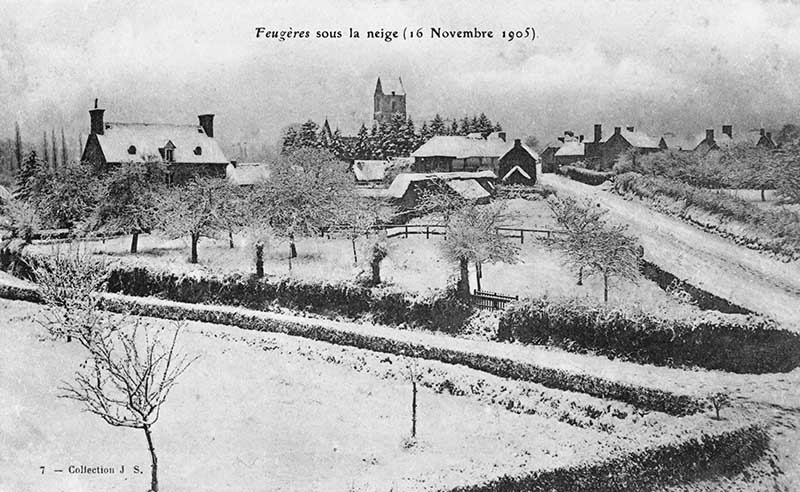 Feugères sous la neige (16 novembre 1905).- Carte postale, coll. J.S., s.d., début 20e siècle.