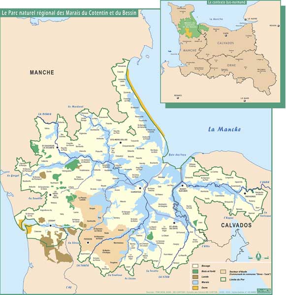 Carte du Parc naturel régional des Marais du Cotentin et du Bessin.
