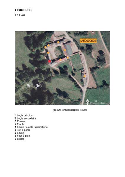 Localisation des logis, du pressoir, des étables, des écuries, de la charretterie, du toit à porcs et du four à pain (orthophotoplan).