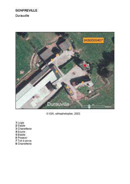 Localisation du logis, de l'étable, des charretteries, de l'écurie, du pressoir et du toit à porcs (orthophotoplan).