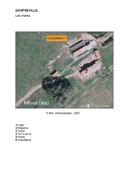 Localisation du logis, de la resserre, du cellier, du toit à porcs, de l'étable et de la charretterie (orthophotoplan).