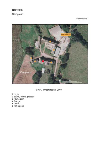 Localisation du logis, de l'écurie, de l'étable, du pressoir, du four à pain, de la grange, du cellier et du toit à porcs (orthophotoplan).