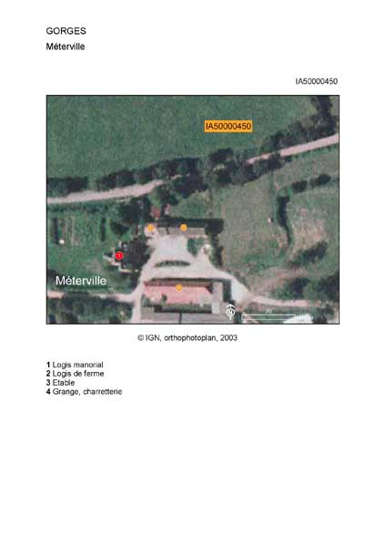 Localisation des logis, de la grange, de l'étable et de la charretterie (orthophotoplan).
