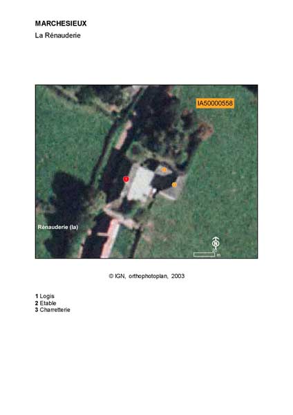Localisation du logis, de l'étable et de la charretterie (IGN, orthophotoplan, 2003).