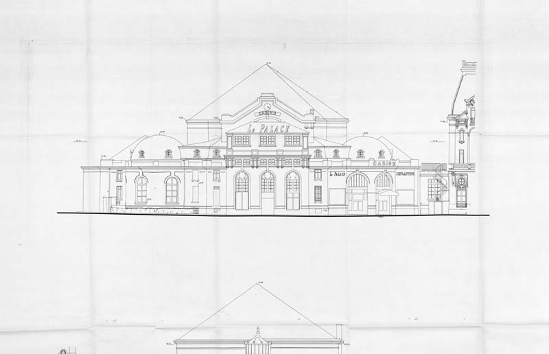 Réhabilitation du casino. Façade sud. [3e casino].- Elévation dressée par Péron et Grangréaux, architectes, Saint-Maurice, mai 1993. Reproduction photomécanique, n. et b., échelle : 1/100e (réduit). (Direction régionale des Affaires Culturelles de Basse-Normandie. dossier MH, casino).