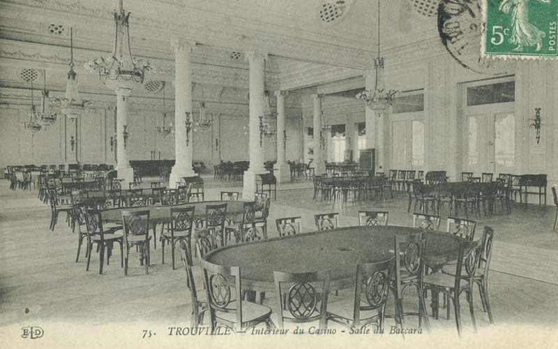 75. Trouville - Intérieur du Casino - Salle du Baccara [1er étage : n° 37].- Carte postale, E.L.D. éd., n.d., 1912 [date manuscrite], n. et b., 13,7 x 8,8 cm. (Collection particulière Michel Barillet, Trouville-sur-Mer).