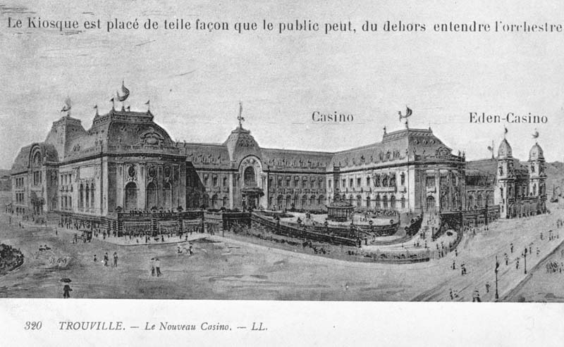 '320. Trouville. - Le Nouveau Casino. Vue d''ensemble prise du nord-est. Projet partiellement réalisé.- Carte postale, LL. Ed., n.d., 1911 [ ?], n. et b., 13,7 x 8,8 cm [au verso : Comparaison entre deux casinos normands. Casino de Trouville : loyer net 400.000 francs, plus de 10% sur la cagnotte, plus de 4 millions de travaux. Casino de Dieppe : loyer net 50.000 francs, plus de 800.000 francs de travaux]. (Collection particulière Michel Barillet, Trouville-sur-Mer).'